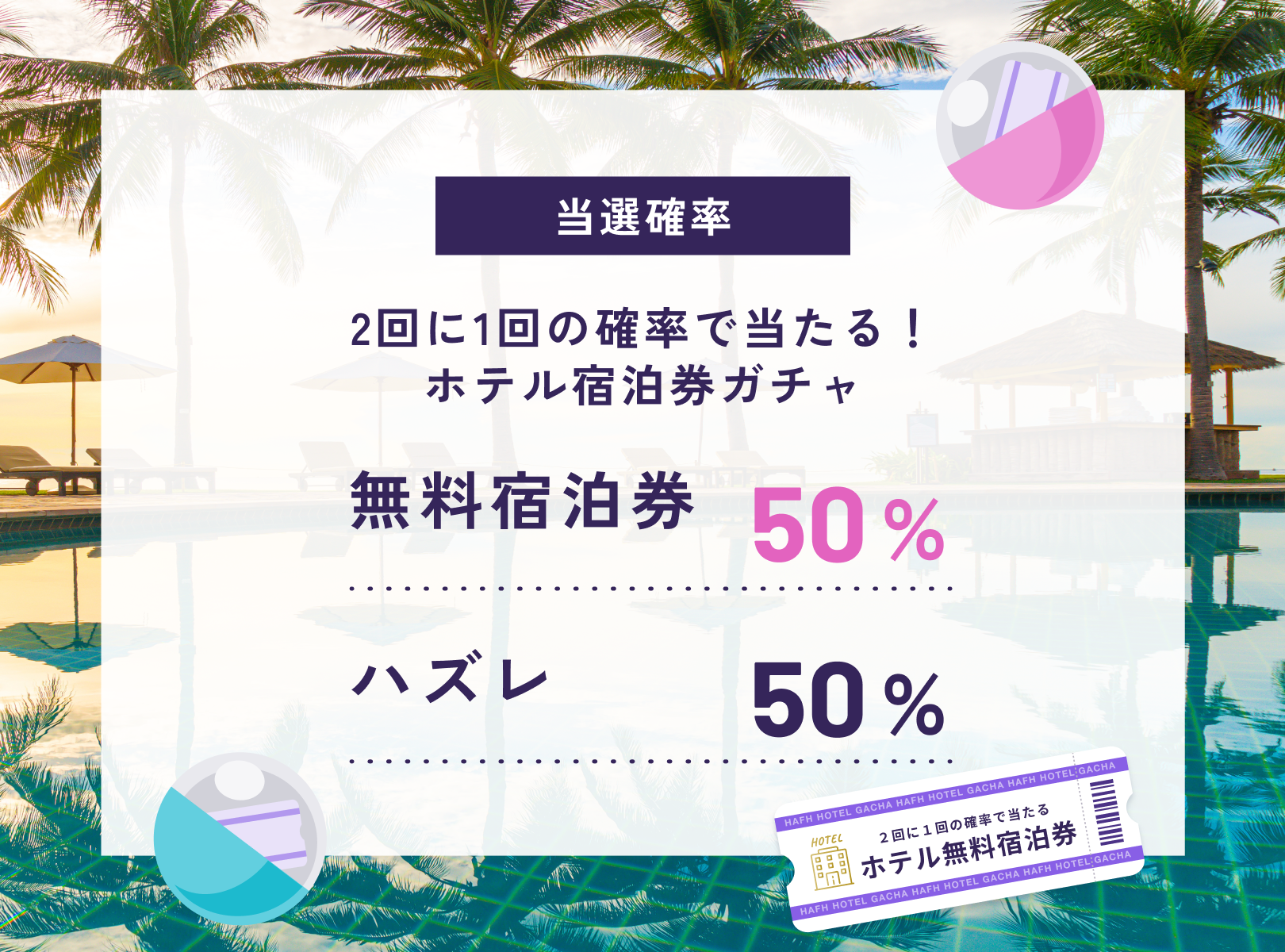 HafHホテル宿泊券ガチャの当選確率は無料宿泊券50%・ハズレ50%