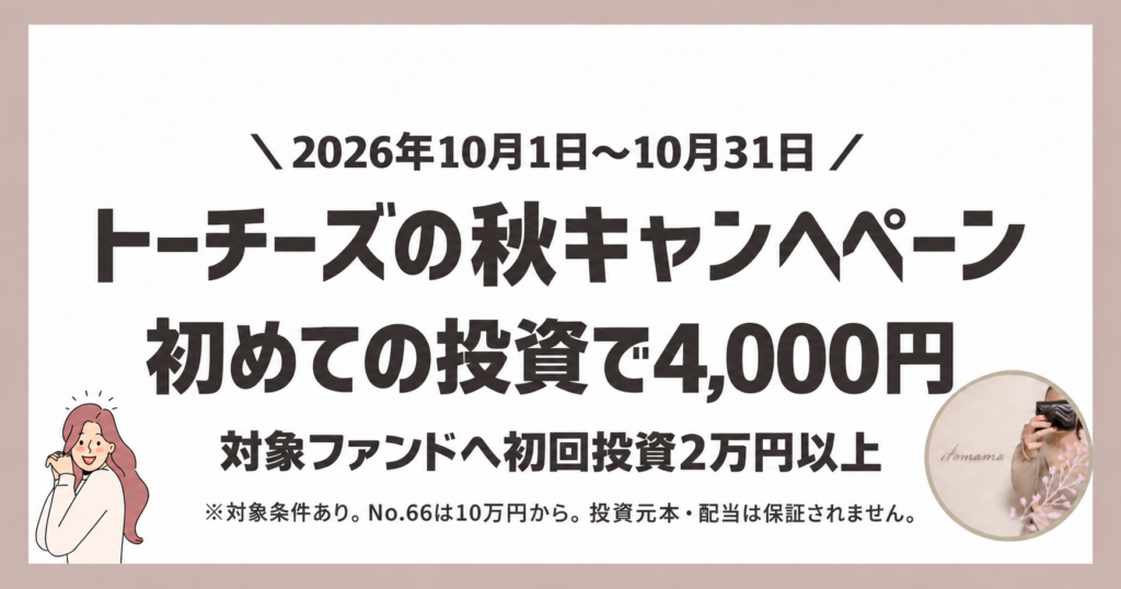 トーチーズの秋キャンペーン:10月1日〜31日、対象ファンドへの初回投資2万円以上で4,000円。No.66は10万円から。